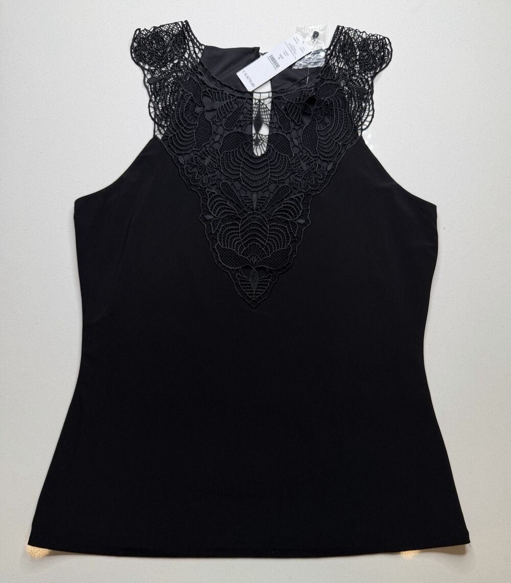 New WHBM White House Black Market Jersey Lace Openwork Top Size S Black